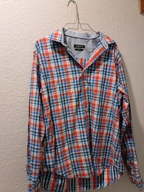 Bugatchi Multicolor Plaid Dress Shirt - Orange, Blue & White